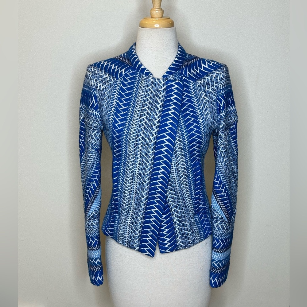 Parisian IRO Ozako Blue and White Patterned Moto Jacket Blazer Women's S